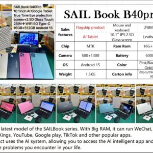 SAIL BOOK B40Pro,10.1inch AI Goggle Tablet, True Tone Eye protection screen+2.5D Glass Touch, 2SIM+WIFI 5G Type-C, 16GB+512GB Android 15